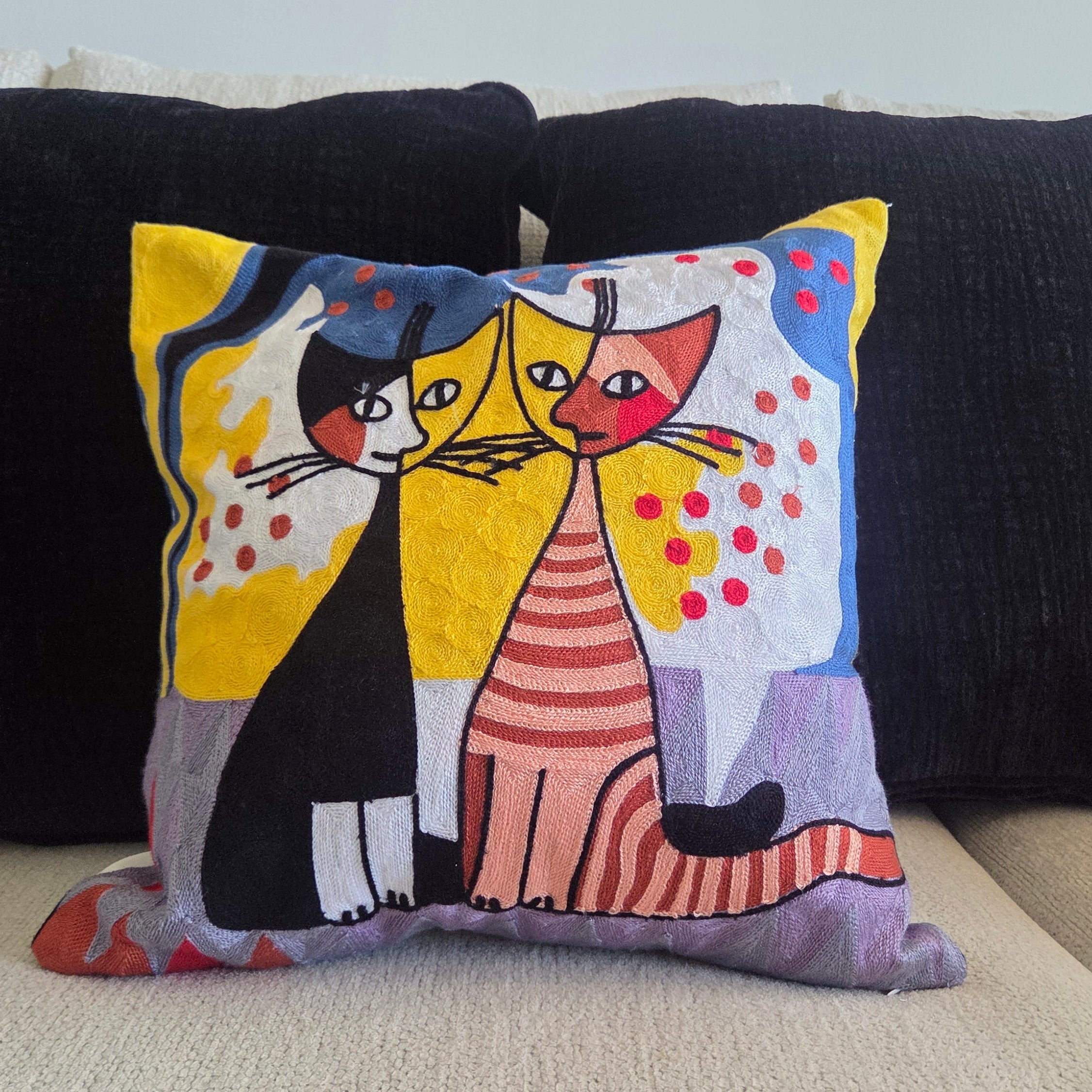 Colorful Embroidered Cat Pillow Cover