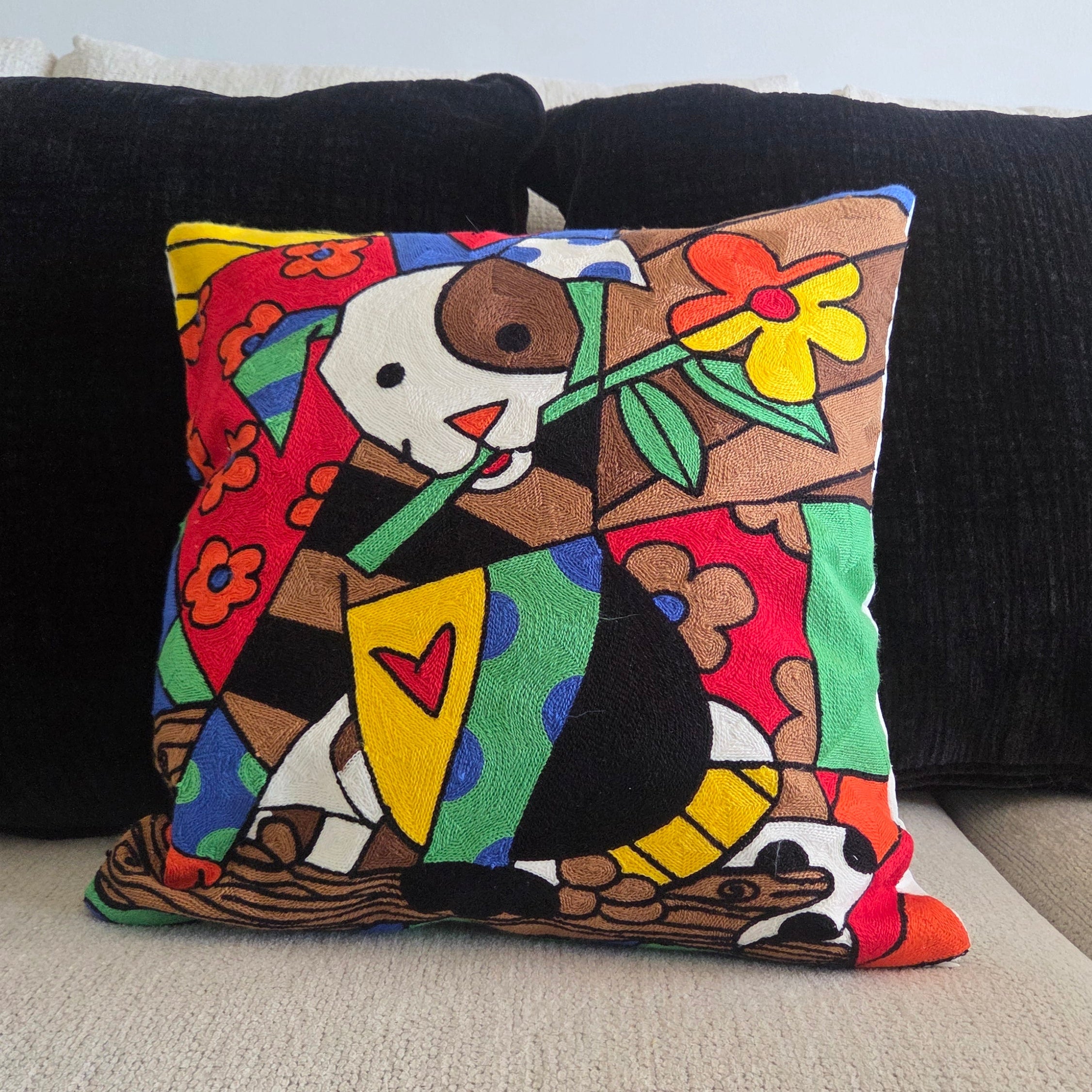 Colorful Embroidered Dog Pillow Cover