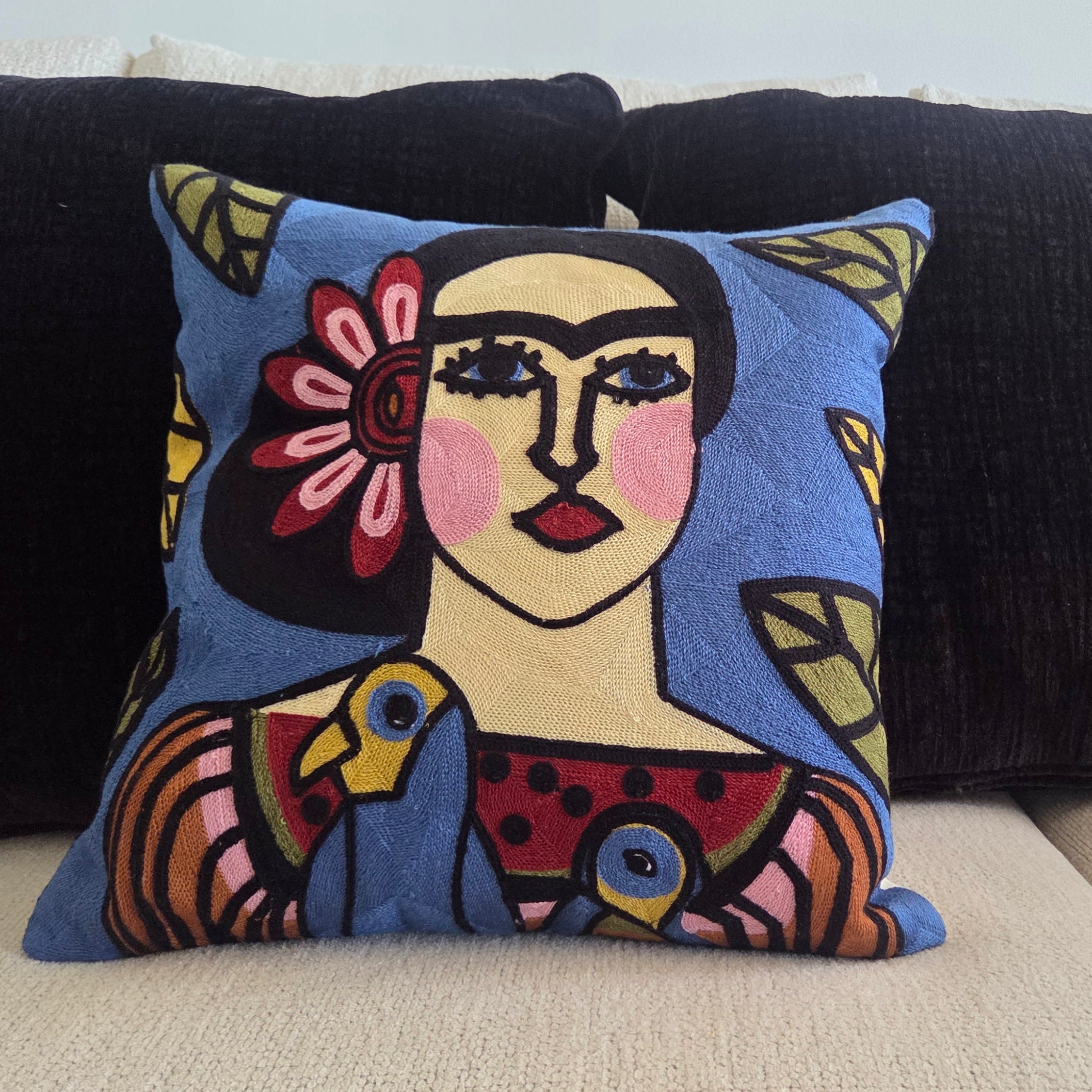 Embroidered Woman and Birds Pillow Cover