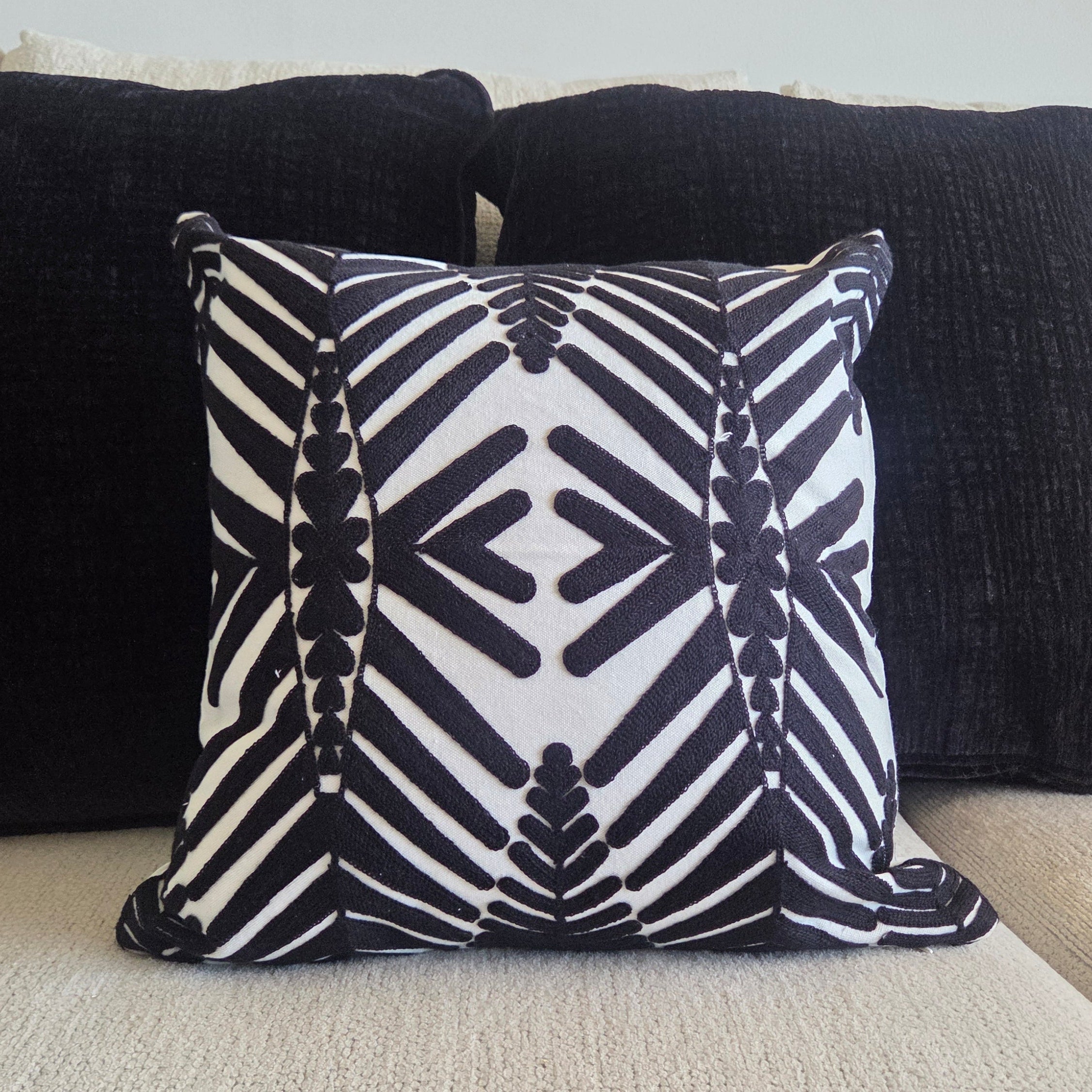 Black and White Geometric Embroidered Pillow Cover