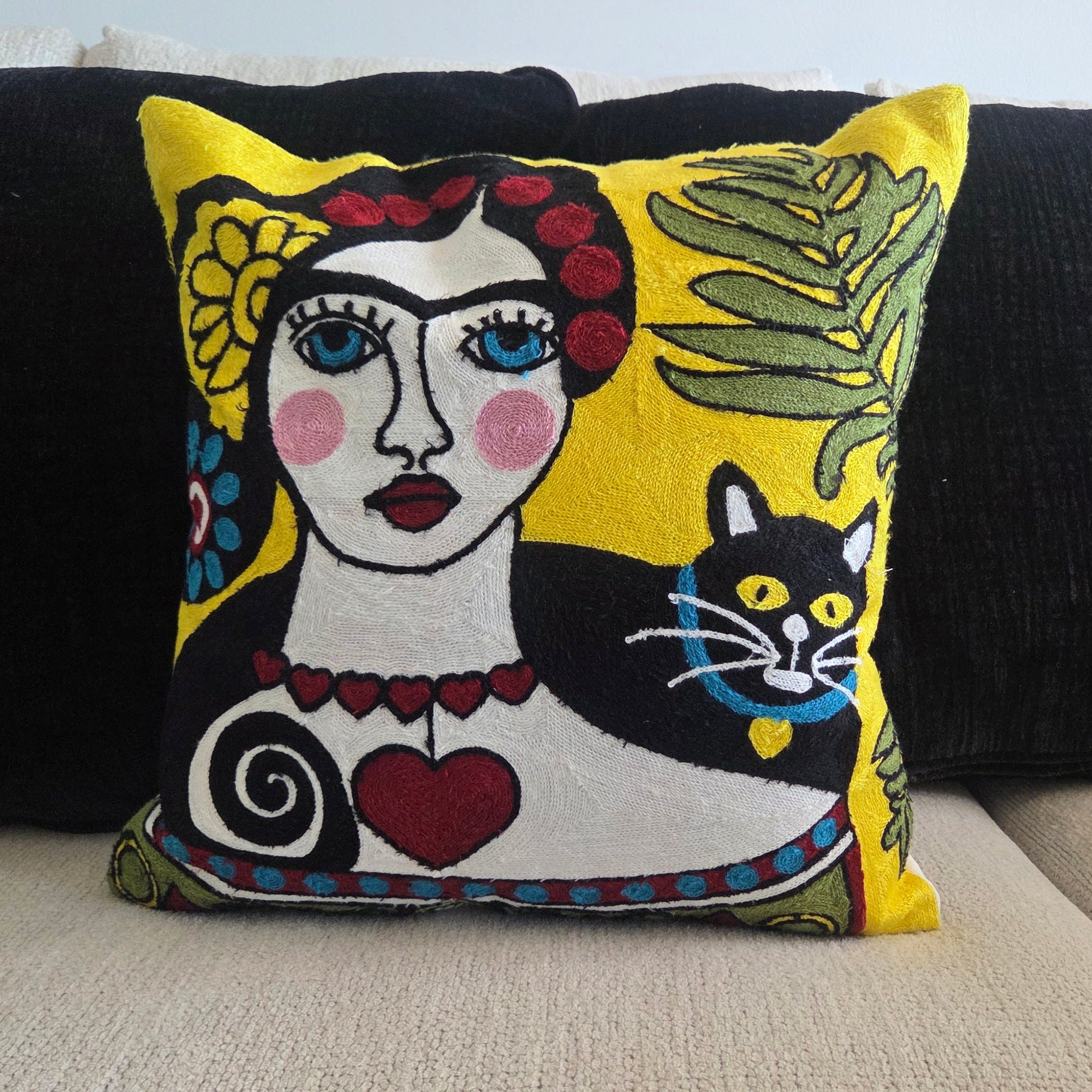 Embroidered Woman and Cat Art Pillow Cover
