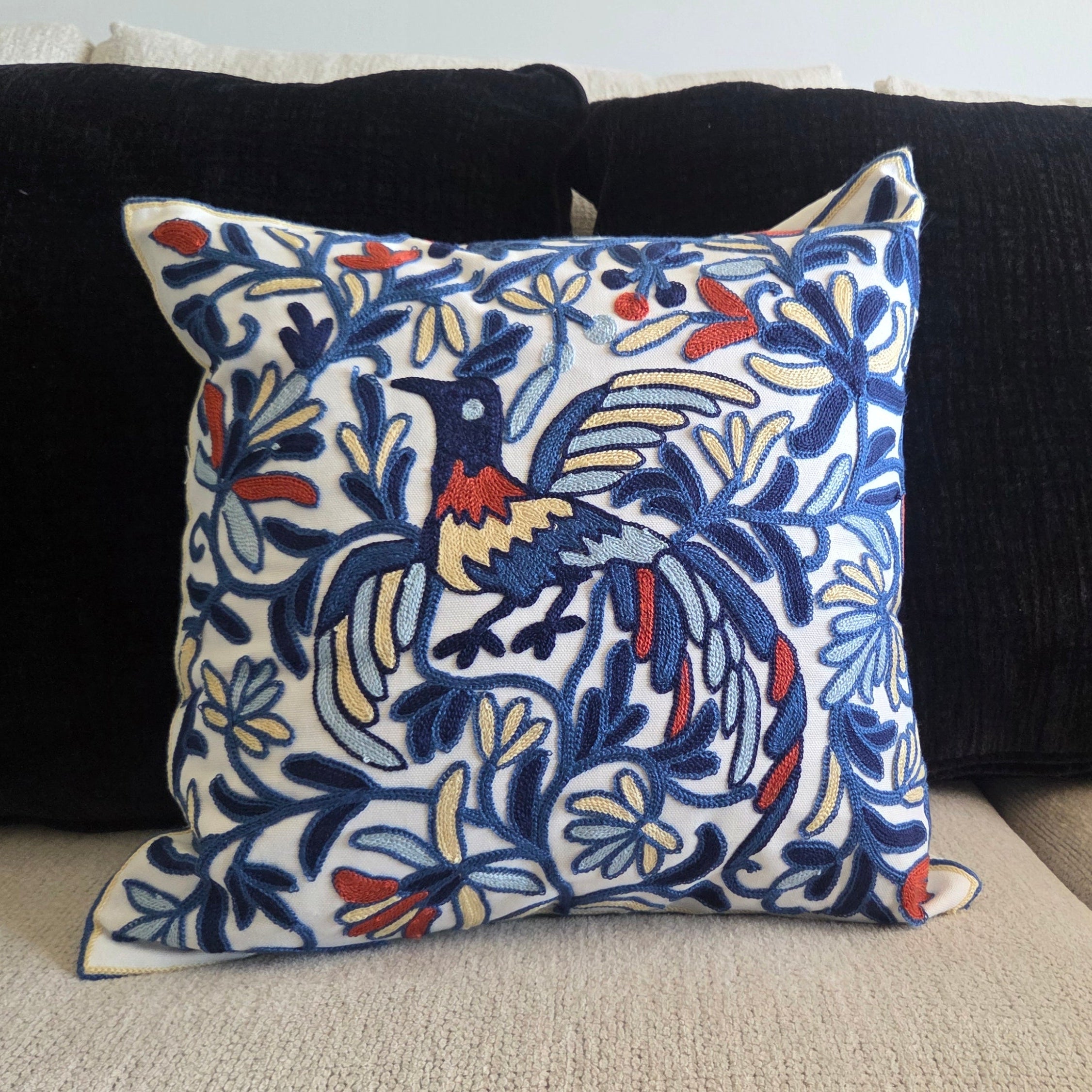 Embroidered Bird and Floral Pillow Cover