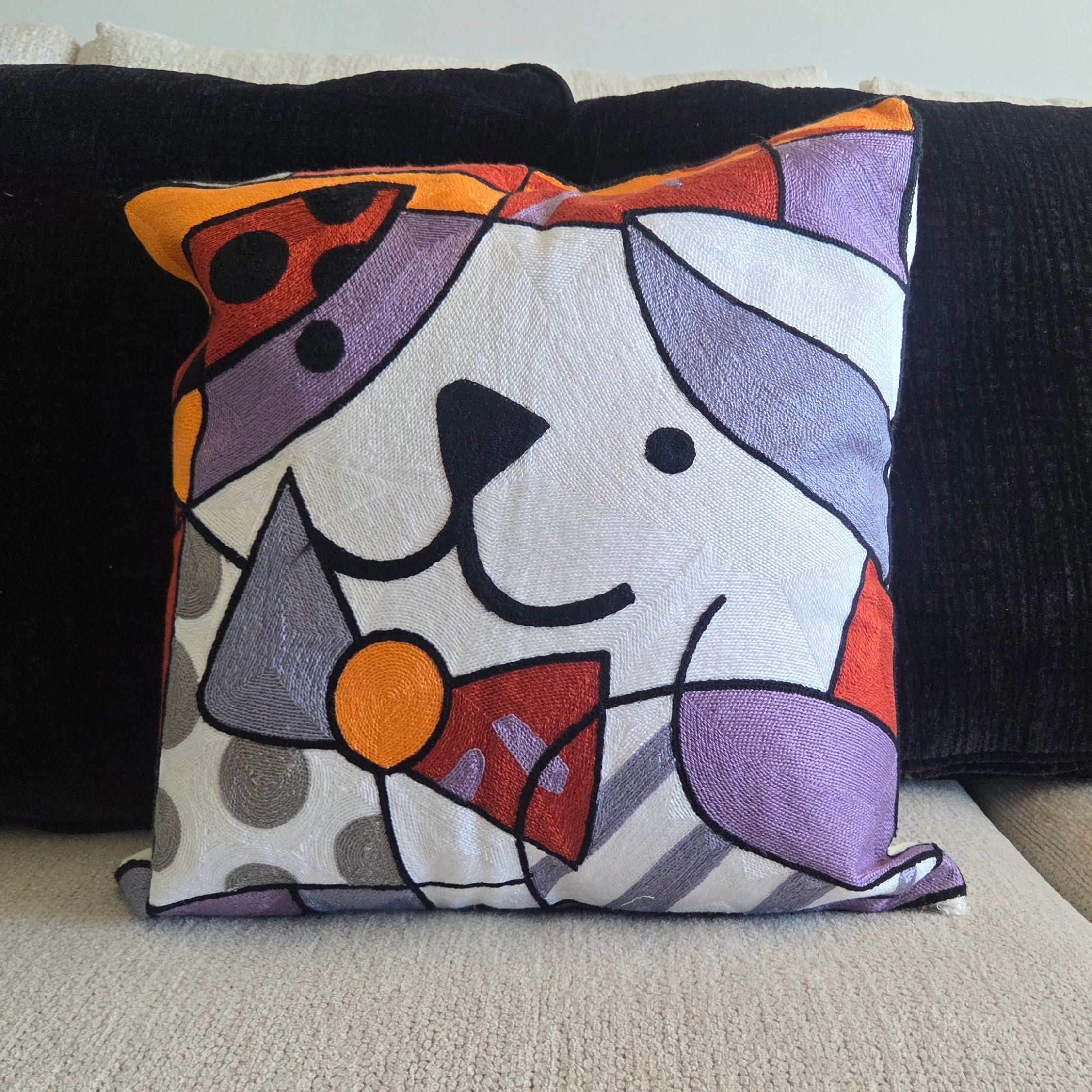 Whimsical Abstract Dog Embroidered Pillow Cover