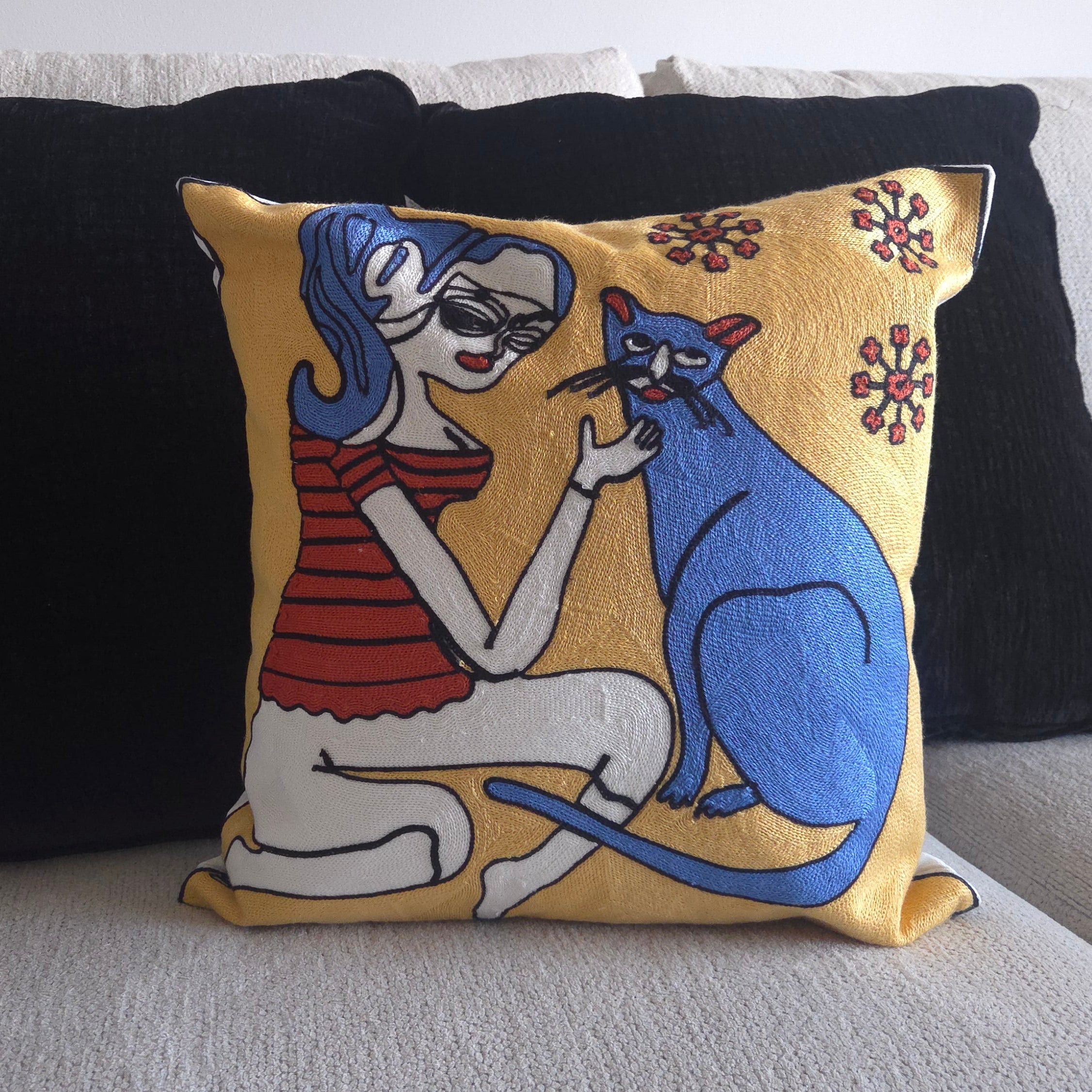Embroidered Woman and Blue Cat Pillow Cover