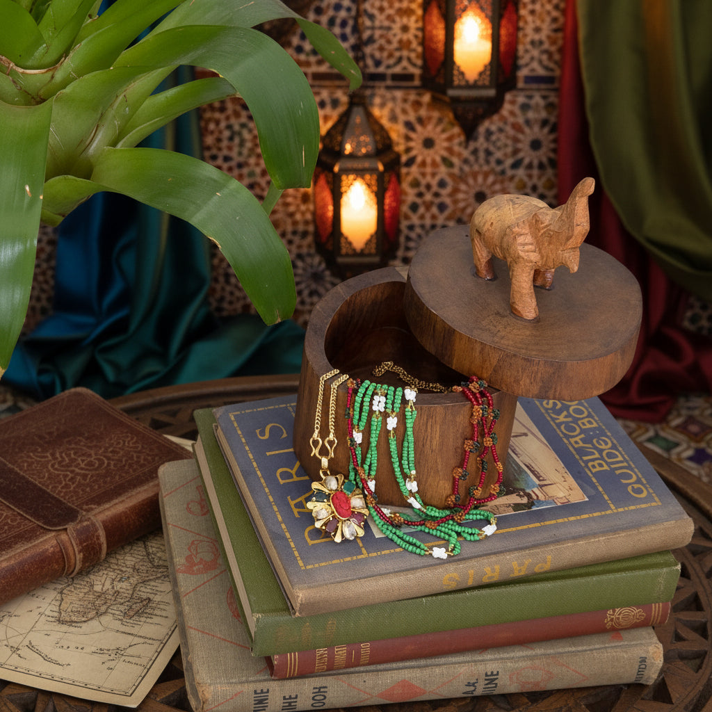 A wooden elephant-shaped jewelry box with a lid, styled on top of vintage books with green beaded necklaces draped over it, alongside a potted green plant on a white background.