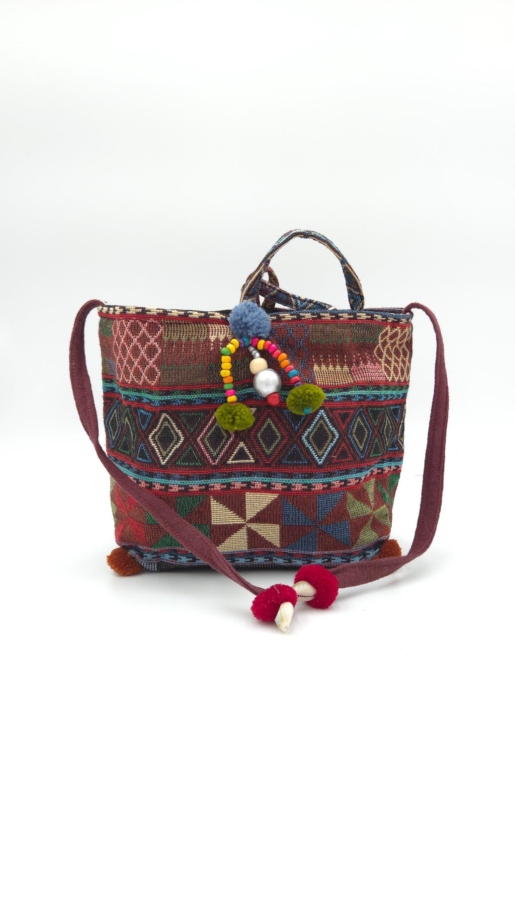 Hmong embroidered crossbody bag - side view with strap